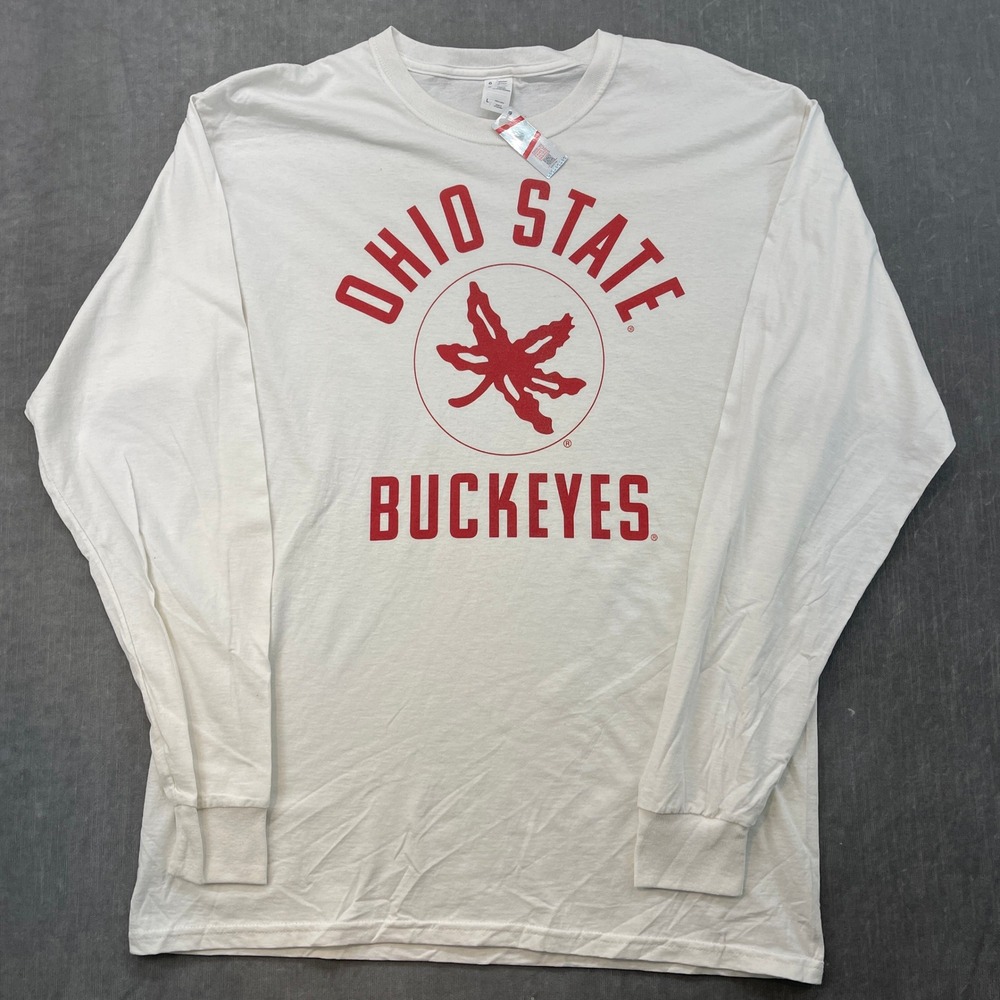 Ohio State Buckeyes Gildan Mens Large White T-Shirt NWT Long Sleeve Graphic Tee